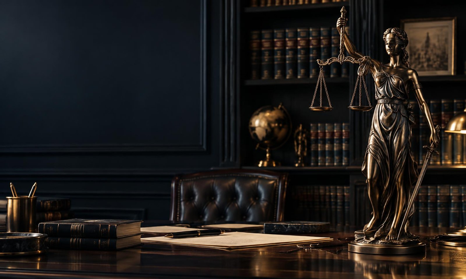 Lady Justice statue in an elegant legal office
